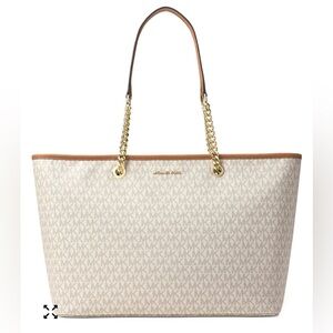 Michael Kors Jet Set Travel Chain Medium Tote – Signature Logo Canvas, Tan Trim